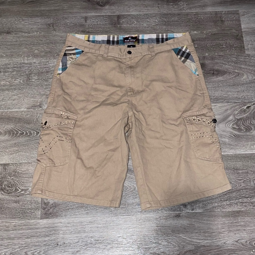 Tan and cream Red Ape cargo shorts with crazy embroidery stitching